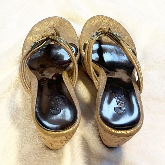 Carlos Santana Tasha Cork Wedge Platform Thong Leather Sandals Tan Gold Sz 10 - Picture 6 of 8